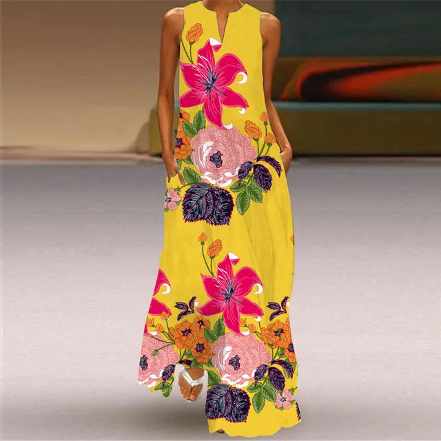 3D Floral Printed Dress Summer Vintage V-neck Sleeveless Loose Maxi Dress Elegant.