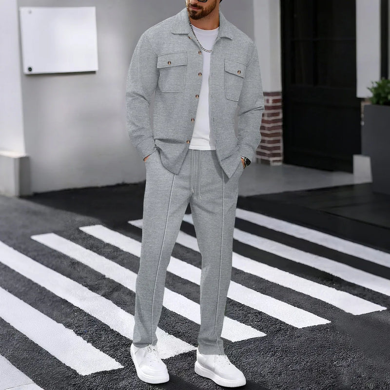Men's solidcolor waffle longsleeved pants set high quality fashionable comfortable.