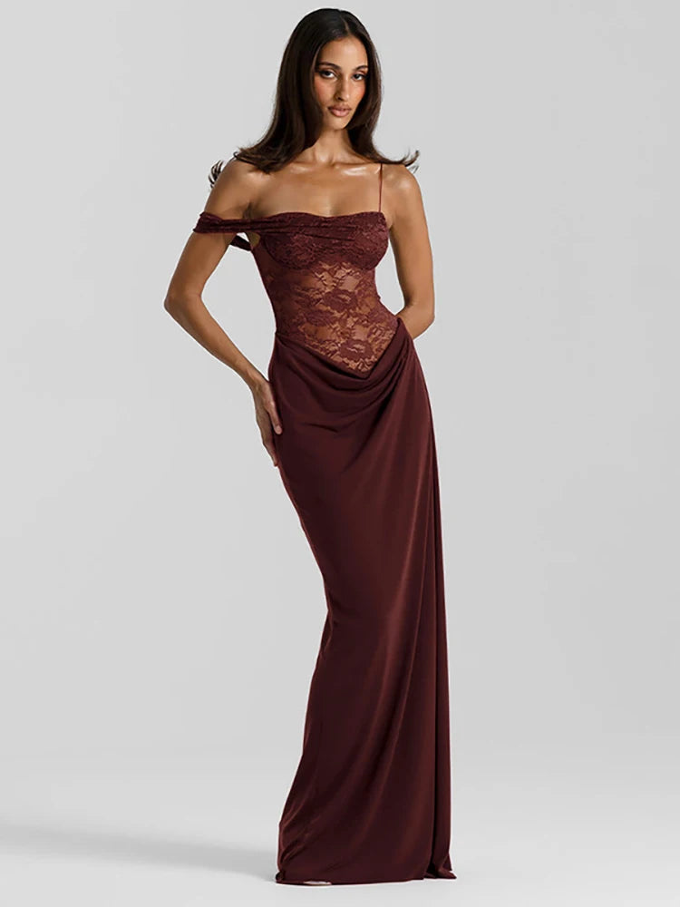 Women’s Mozision One Shoulder Lace See Through Sexy Maxi Dress.