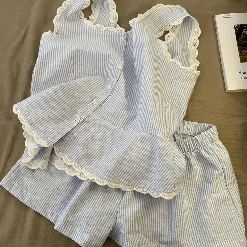 Striped Women Pajamas Summer Sleepwear Sleeveless Shorts Sets 2 Pieces.