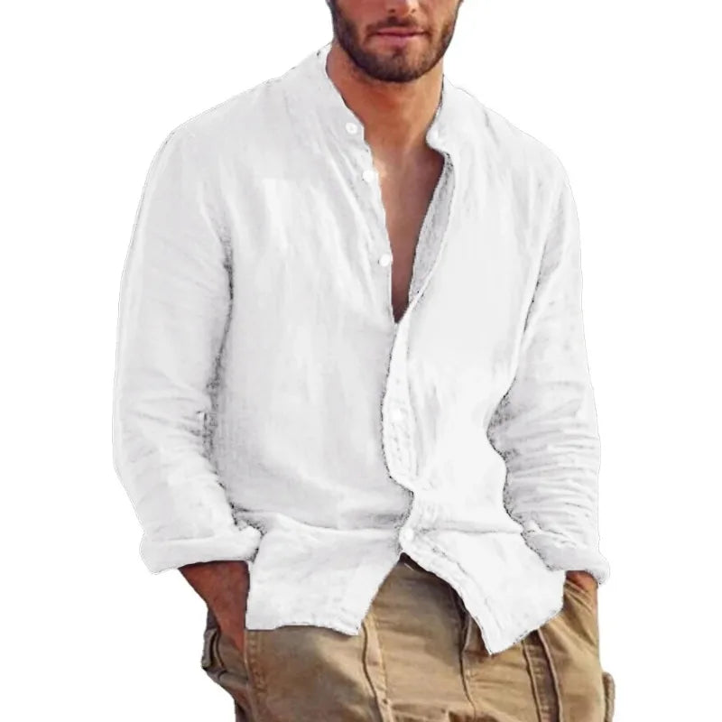 Sweatwear Men's Long Sleeve Shirt Linen Solid Color Shirts Trend Stand Collar.