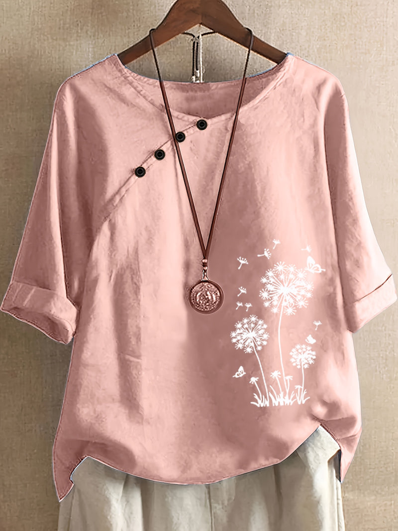 Casual Loose Blend Dandelion Print Short Sleeve Pullover T-Shirt for Women.