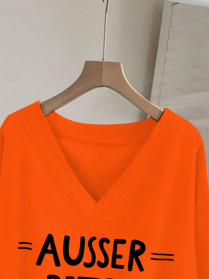 Women's Pink V-Neck Long Sleeve Sweater with German Letter Print.