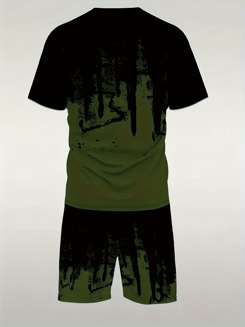 Men's New Round Neck Casual T-Shirt and Shorts Set.