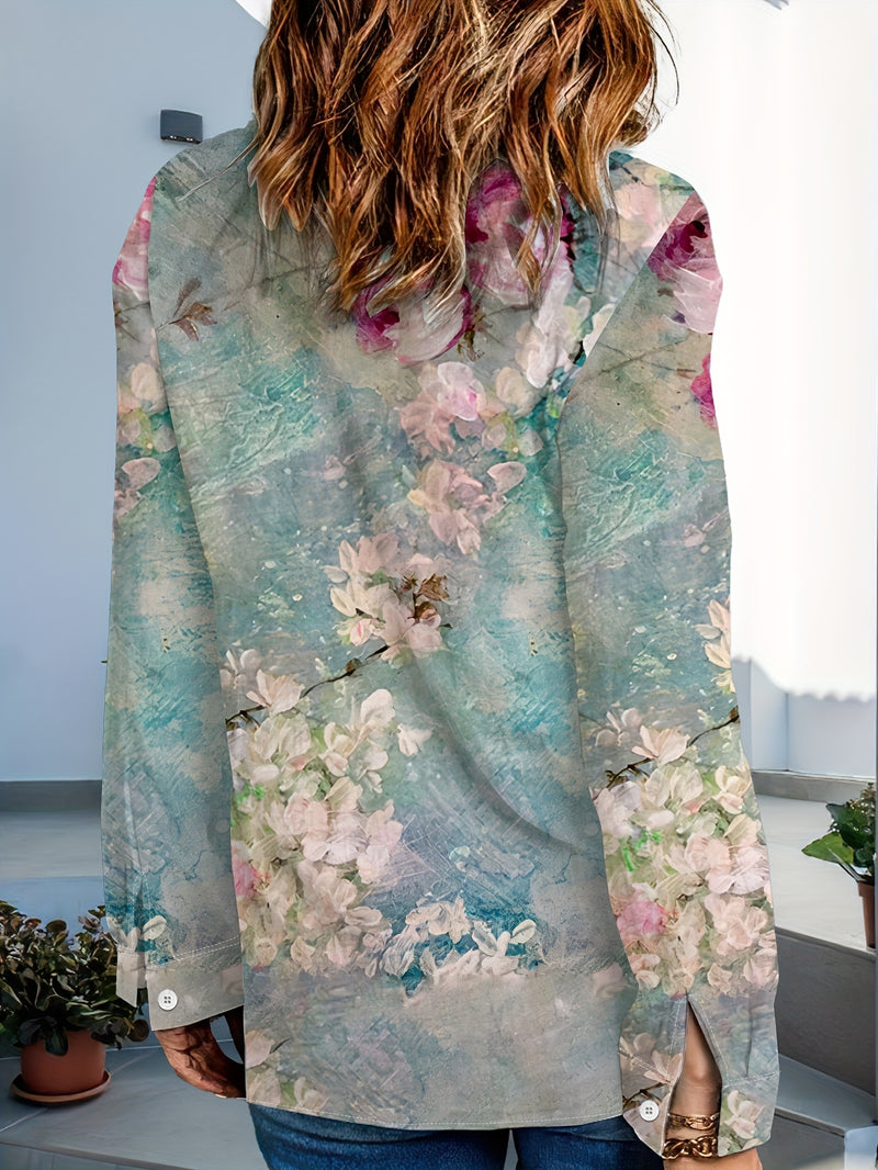 Elegant Women's Floral Print Button-Up Shirt.