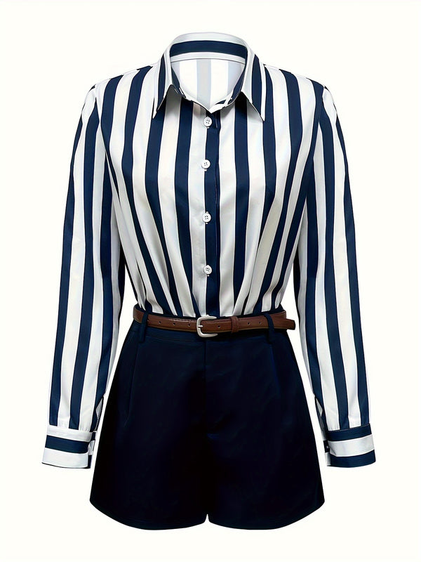 Elegant Striped Shirt & Belted Shorts Set for Women.