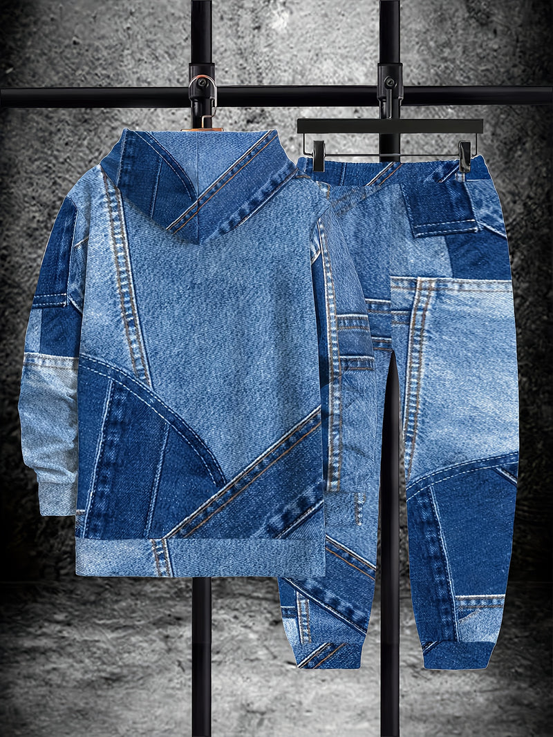 Men's Autumn Lettered Faux Denim Effect Hoodie And Sweatpants Two-Piece.