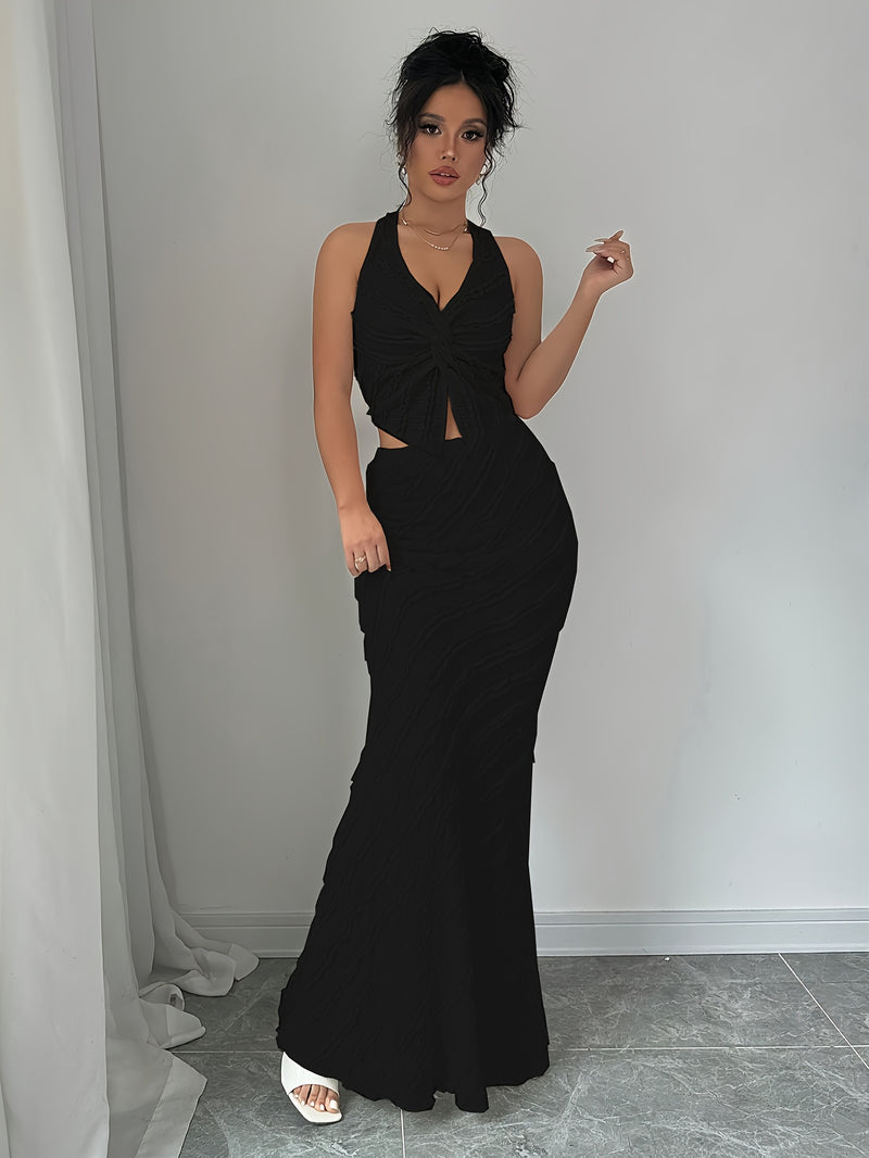 Women's 2pcs Sleeveless V-Neck Twist Halter Backless Bodycon Mermaid Dress.