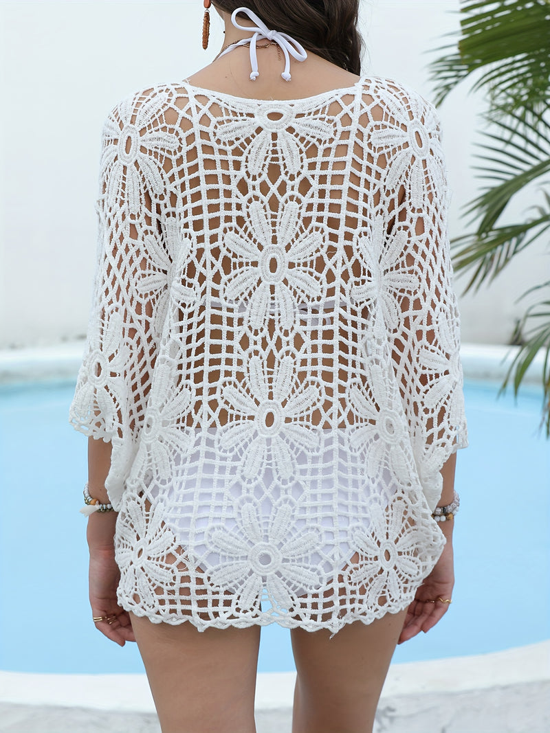 Women's Openwork Sweater - Sun Shield Cover-Up Blouse.
