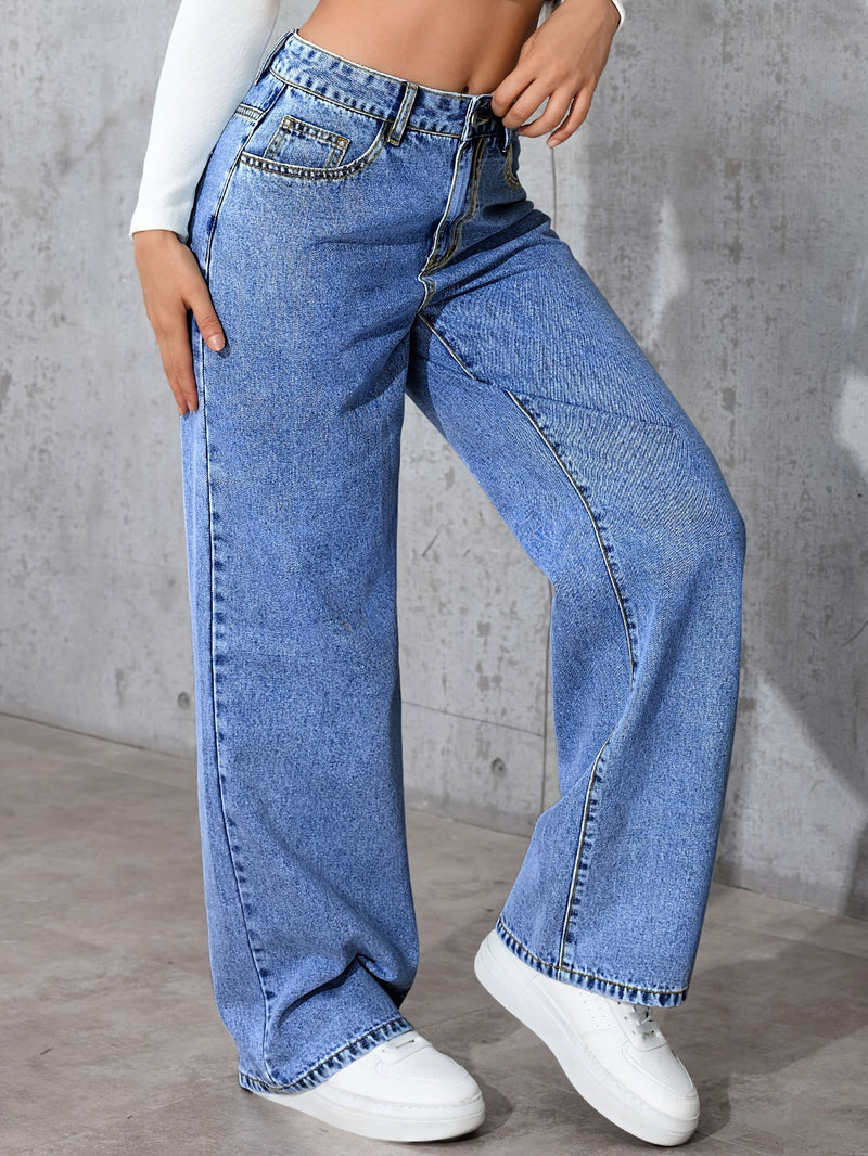 Women's High-Waisted Simple Versatile Distressed Wide Leg Jeans.
