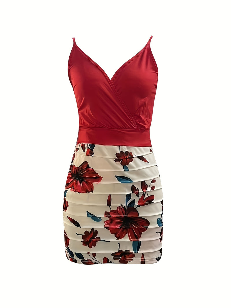 Women’s Two-piece Skirt Set, V Neck Cami Top & Floral Print Skirt Outfits.