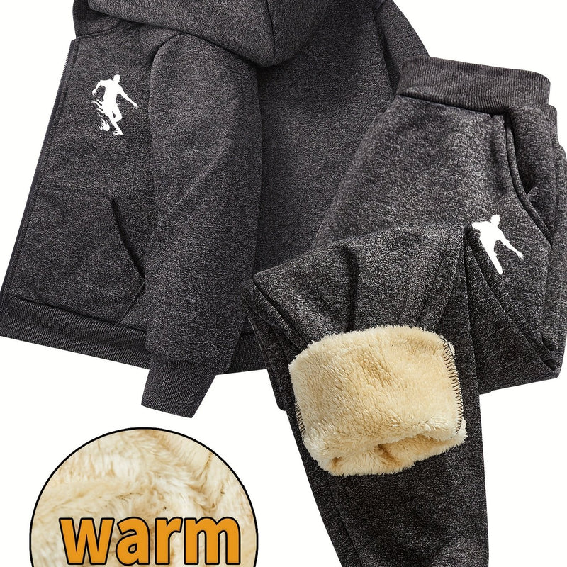 Boys Thick Plush-Lined Zip-Up Jacket + Pants Set.