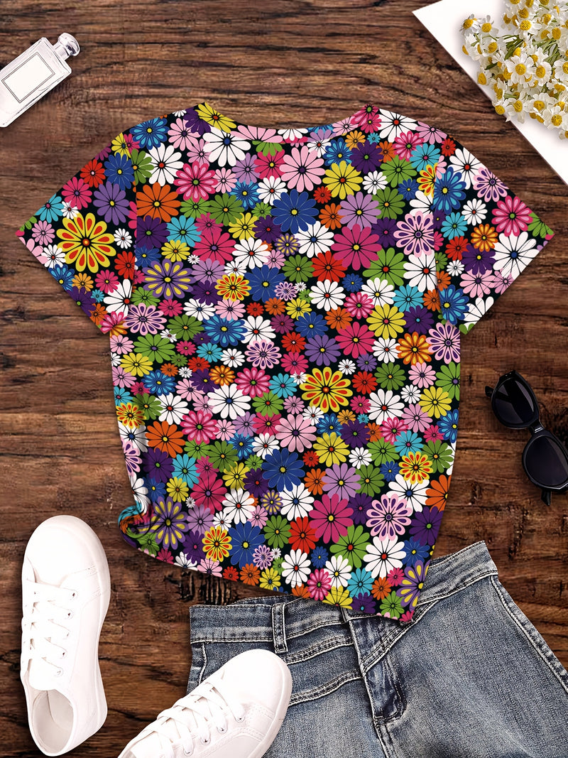 Elegant Casual Floral Print V-Neck Short Sleeve T-Shirt for Women.