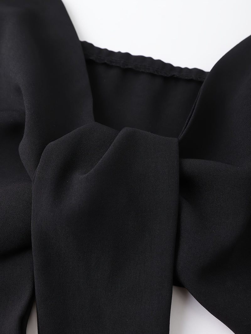 2pcs Women’s Elegant Black Tie-Up Camisole And Black And White Striped Wide-Leg Pants.