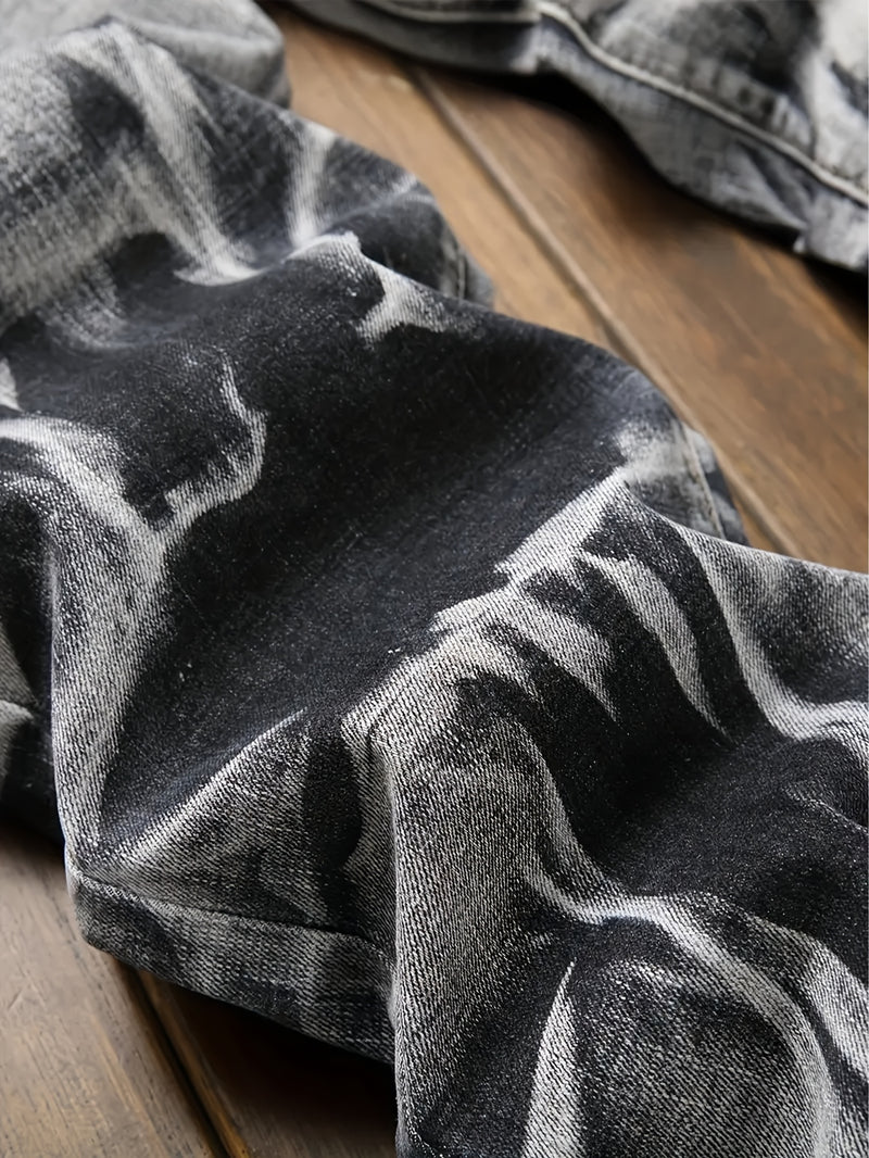 Men's Slim-Fit Stretch Denim Jeans with Irregular Tie-Dye Design.