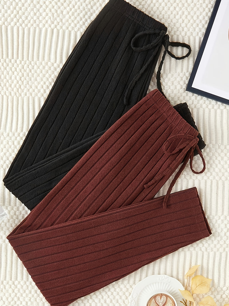 2-Pack Solid Color Fashion Ribbed Casual Wide Leg Women's Pants.