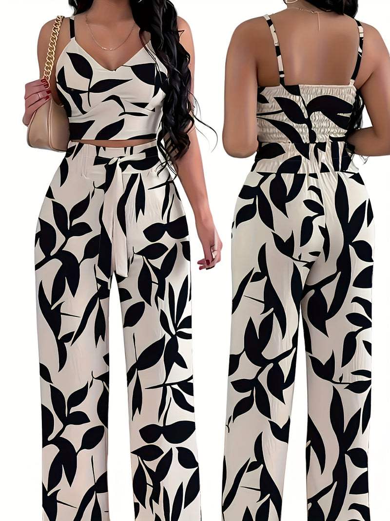 2-piece Women's Set with Thin Strap Stretch Camisole and Wide-leg Pants.