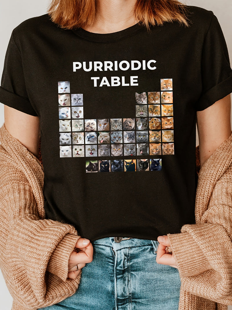 Women's Clothing Cat Print Crew Neck T-shirt.