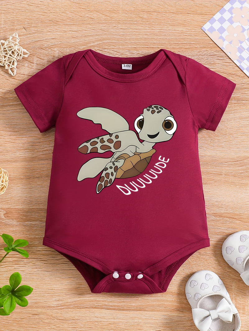 Baby Boy Summer Short-Sleeved Cartoon "Little Turtle" Print Romper, for Outdoor.