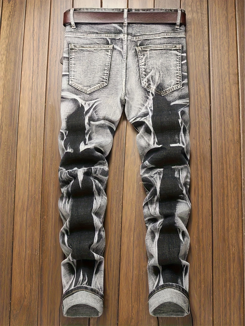 Men's Slim-Fit Stretch Denim Jeans with Irregular Tie-Dye Design.