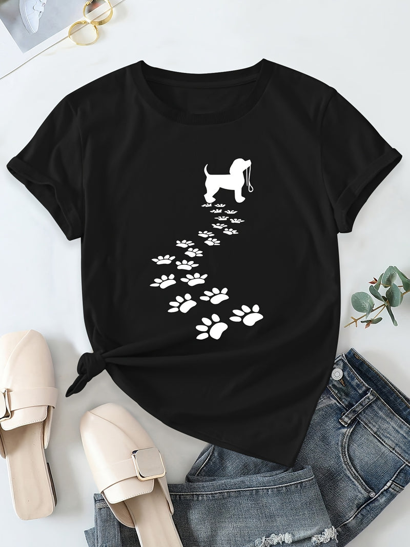 Women's Casual Short Sleeve T-Shirt with Dog Silhouette & Paw Print Graphic.