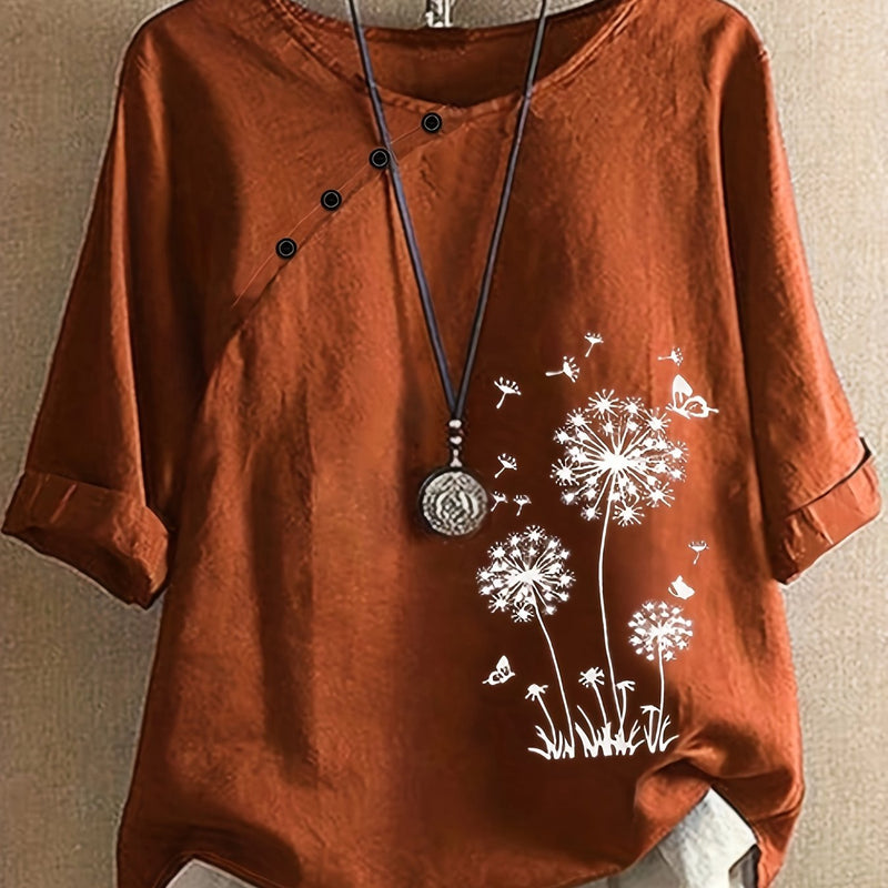 Casual Loose Blend Dandelion Print Short Sleeve Pullover T-Shirt for Women.