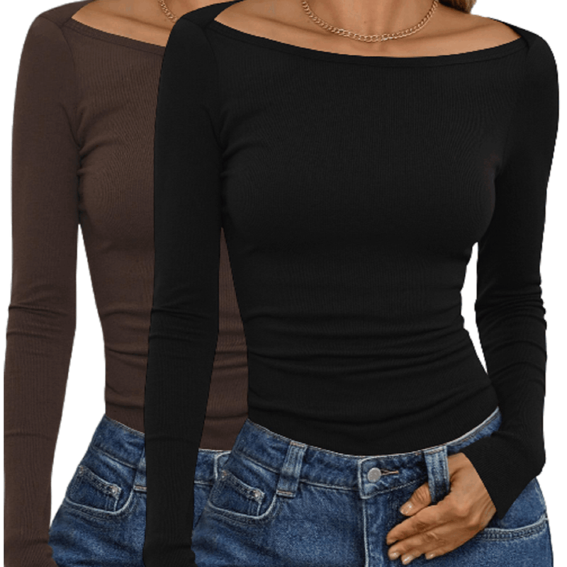 2 Packs Women's Elegant Long Sleeve Cotton Tops.