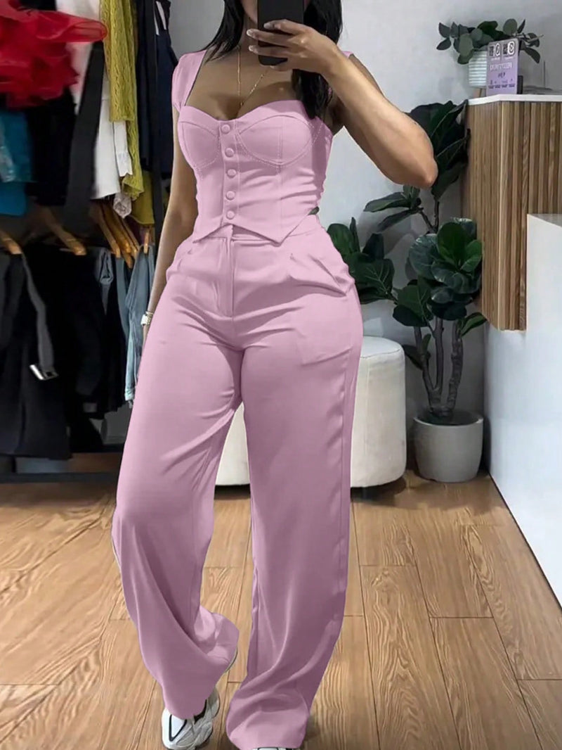Women’s Elegant Two-Piece Set with Thick Straps And Buttoned Front.