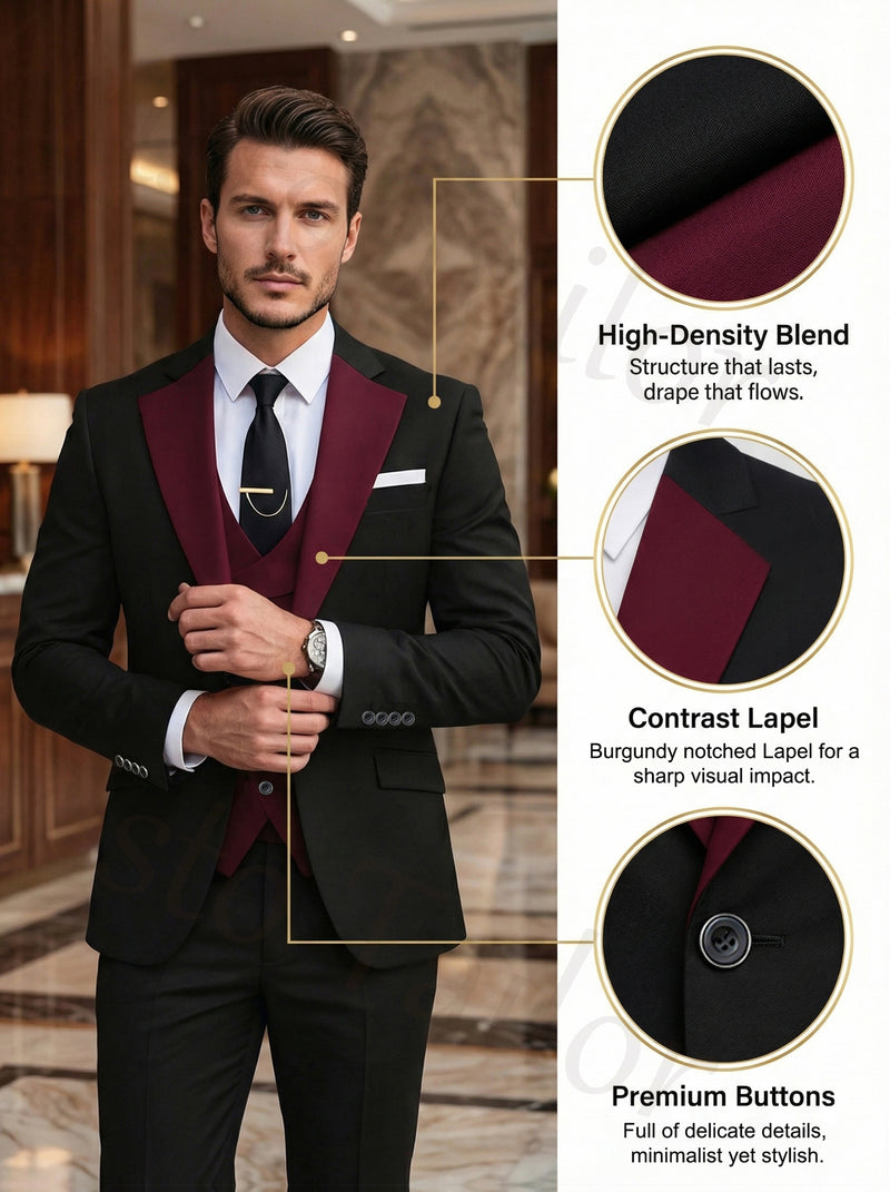 Men's 3pcs Suit Set, Blazer + Vest + Trousers.