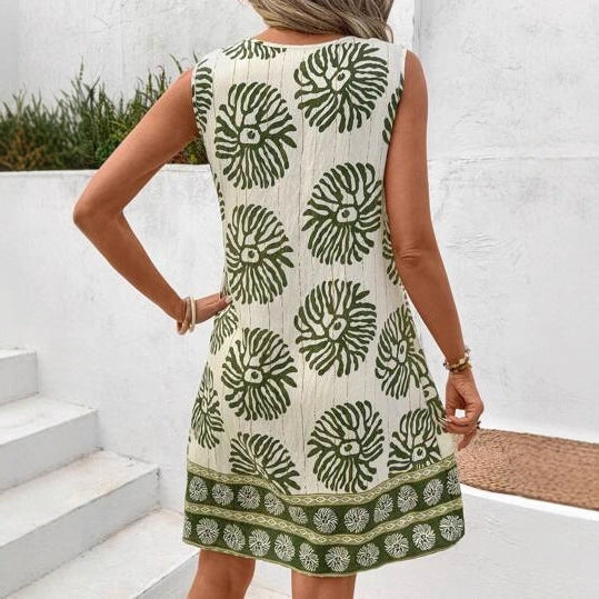 Women's Summer Fashion Dress, Casual Vacation Sleeveless Round Neck Printed.