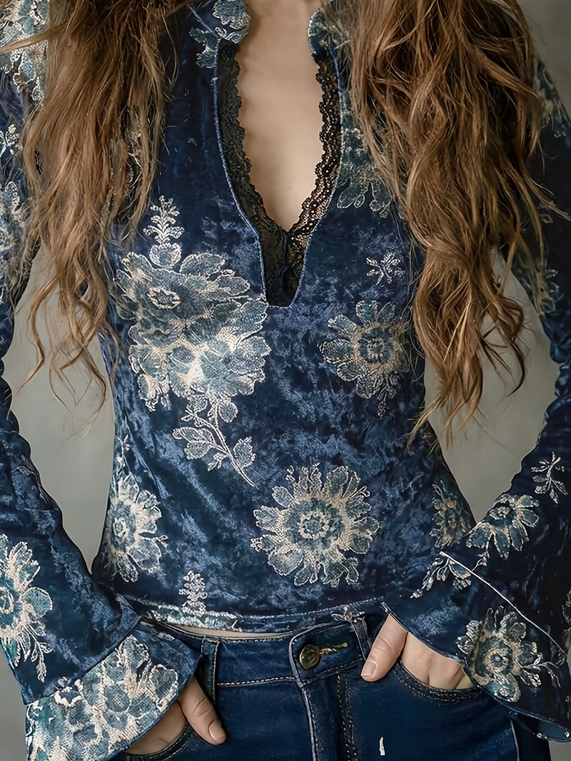 Women's Vintage Blue Floral Velvet Blouse, Lace Bell Sleeve Deep V-Neck Top.