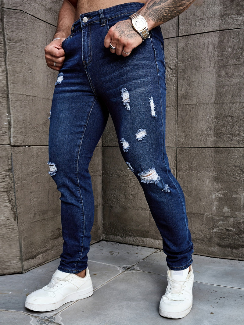 Men's Skinny Ripped Jeans Medium Stretch, Solid Color, All-Season Fit.