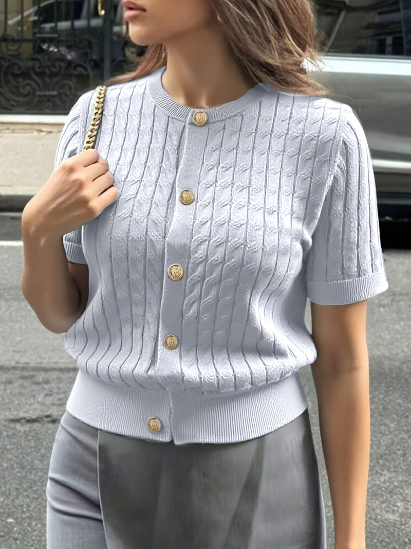 Women's Button-Front Solid Color Cable Blouse.