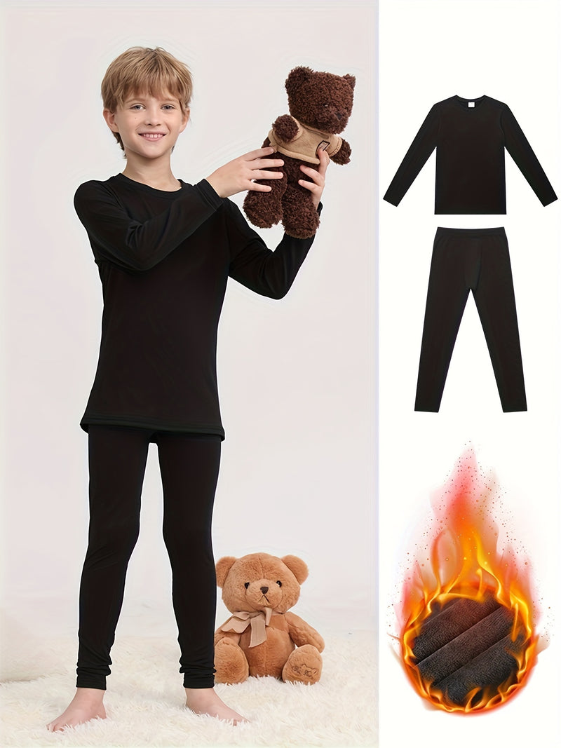 Warm Clothing Set for Boys, Featuring a Solid Color.