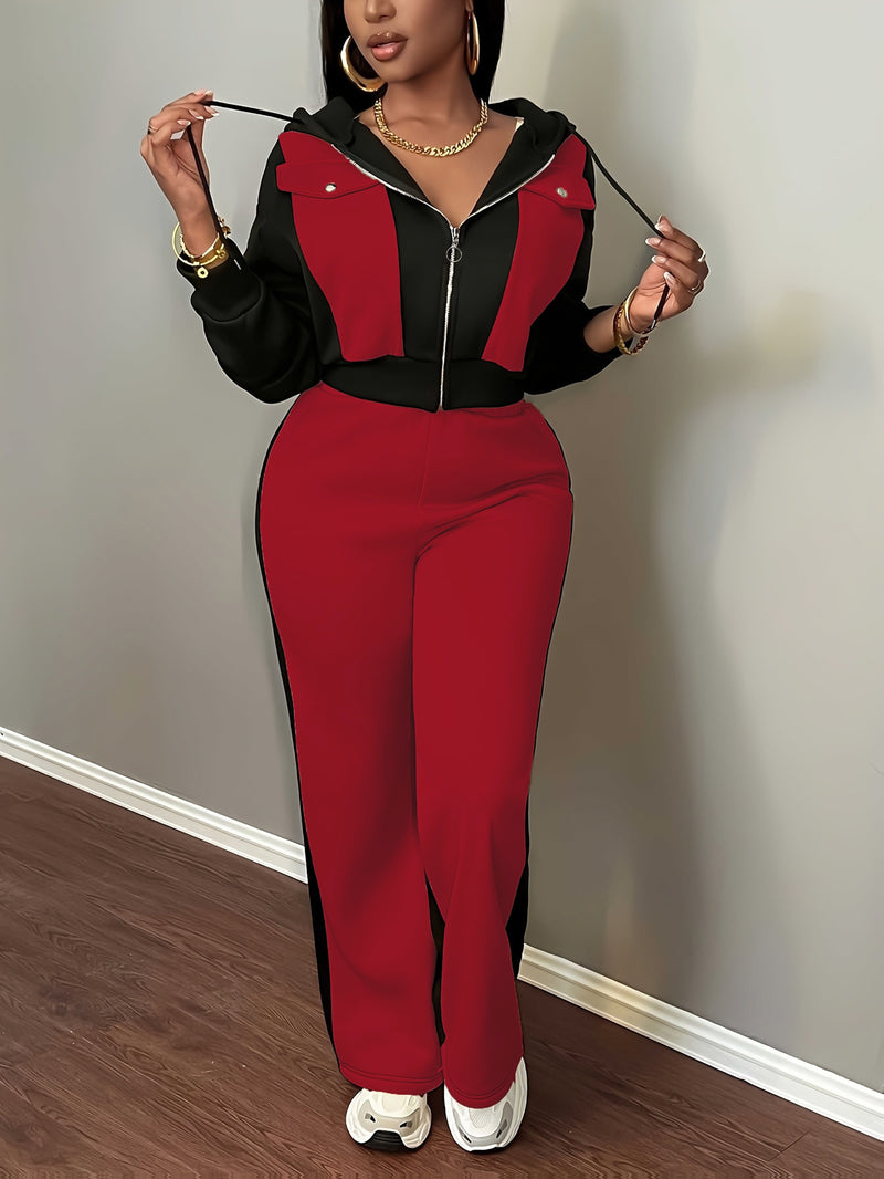 Women’s Fashion Color Block Hooded Sweatshirt and Pants Set.