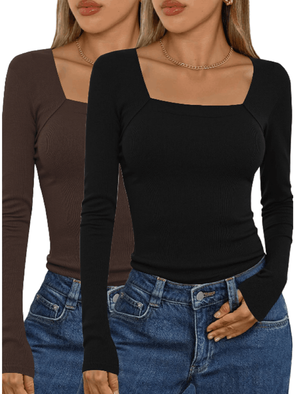 2 Packs Women's Elegant Long Sleeve Cotton Tops.