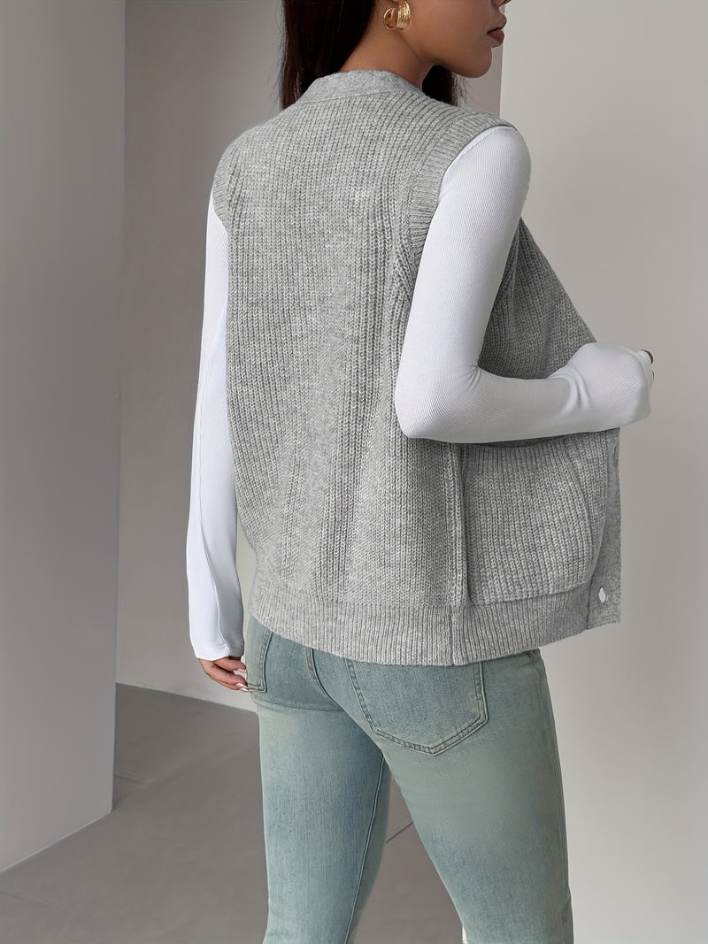 New Solid Color V-Neck Pocket Women's Sweater Vest.
