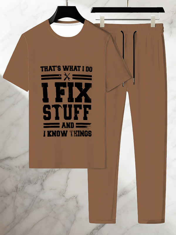 Men's Casual Sports Brown Letter Print Set.