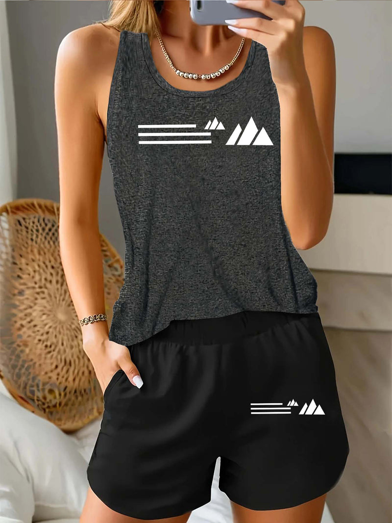 Women's Sportswear Summer Casual Fashion Vest + Shorts Fitness 2pcs Set.