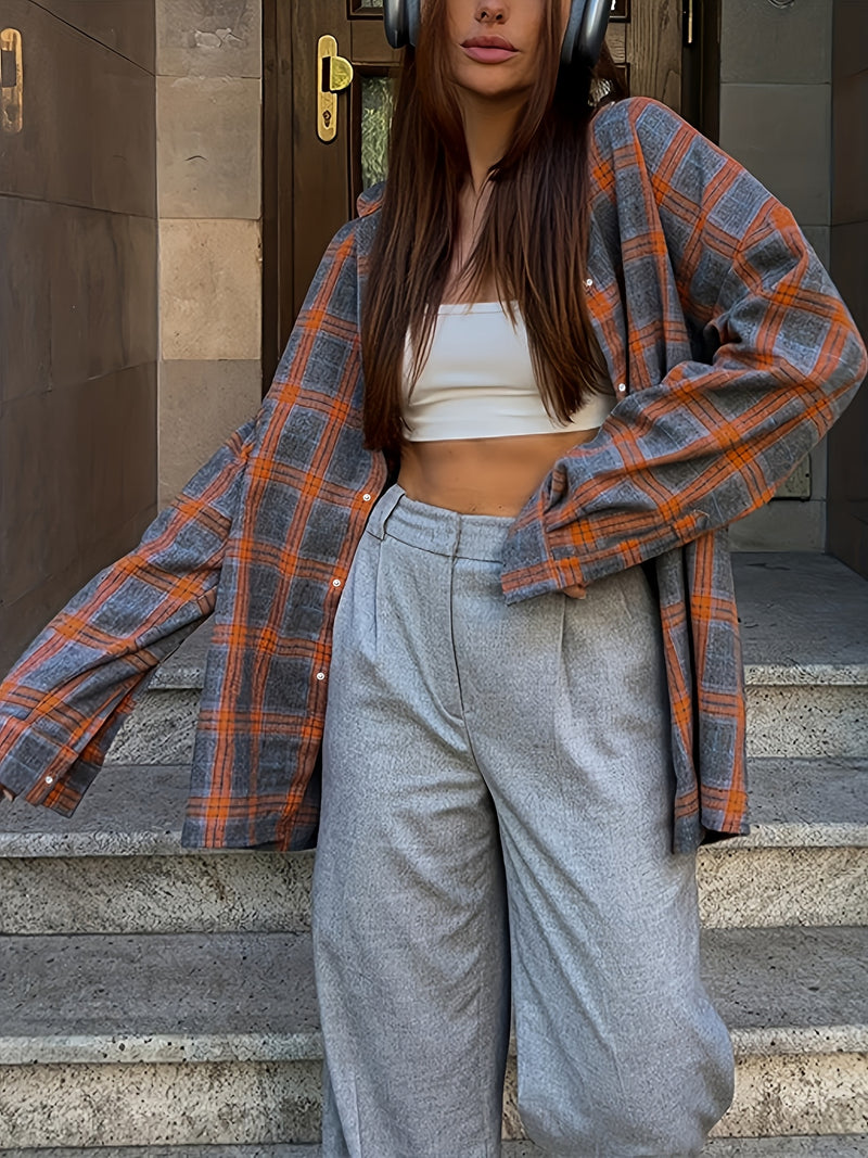 Spring Plaid Long-sleeve Pocket Women's Blouse.