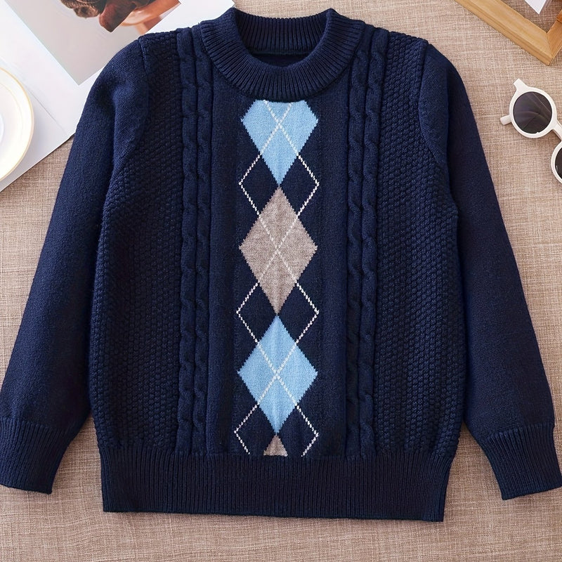 Mid-Sized Diamond Patterned Jacquard Turtleneck Sweater.