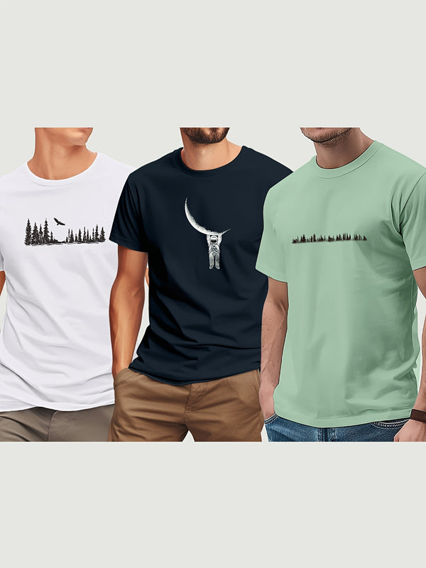 3pcs Men's Short Sleeve Print T-Shirt.