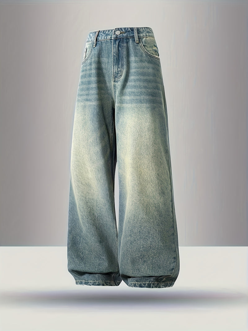 Men's Black Wide-Leg Loose-Fitting Jeans That Drag on The Ground.