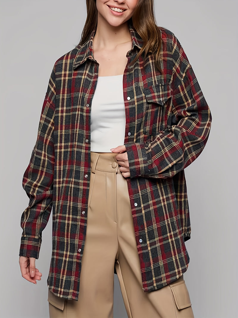 Spring Plaid Long-sleeve Pocket Women's Blouse.