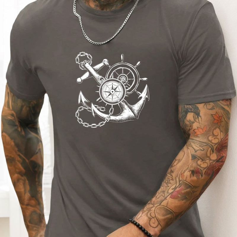 Men's Casual Summer T-Shirt with Anchor and Compass Graphic.
