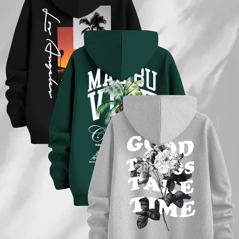 3pcs Trendy Print Sweatshirt, Men's Casual Hooded Sweatshirt.