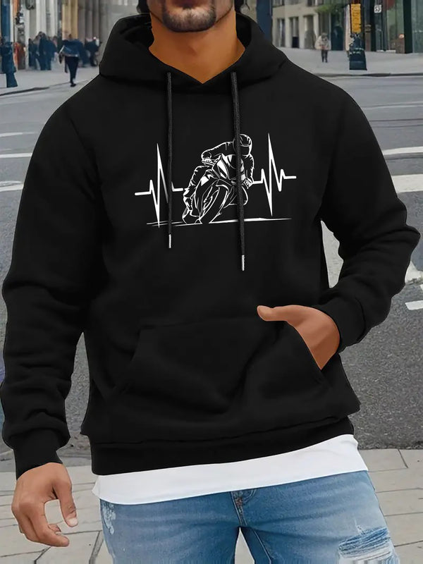 Men's Hoodie with a Heartbeat And Speed Motorcycle Print.