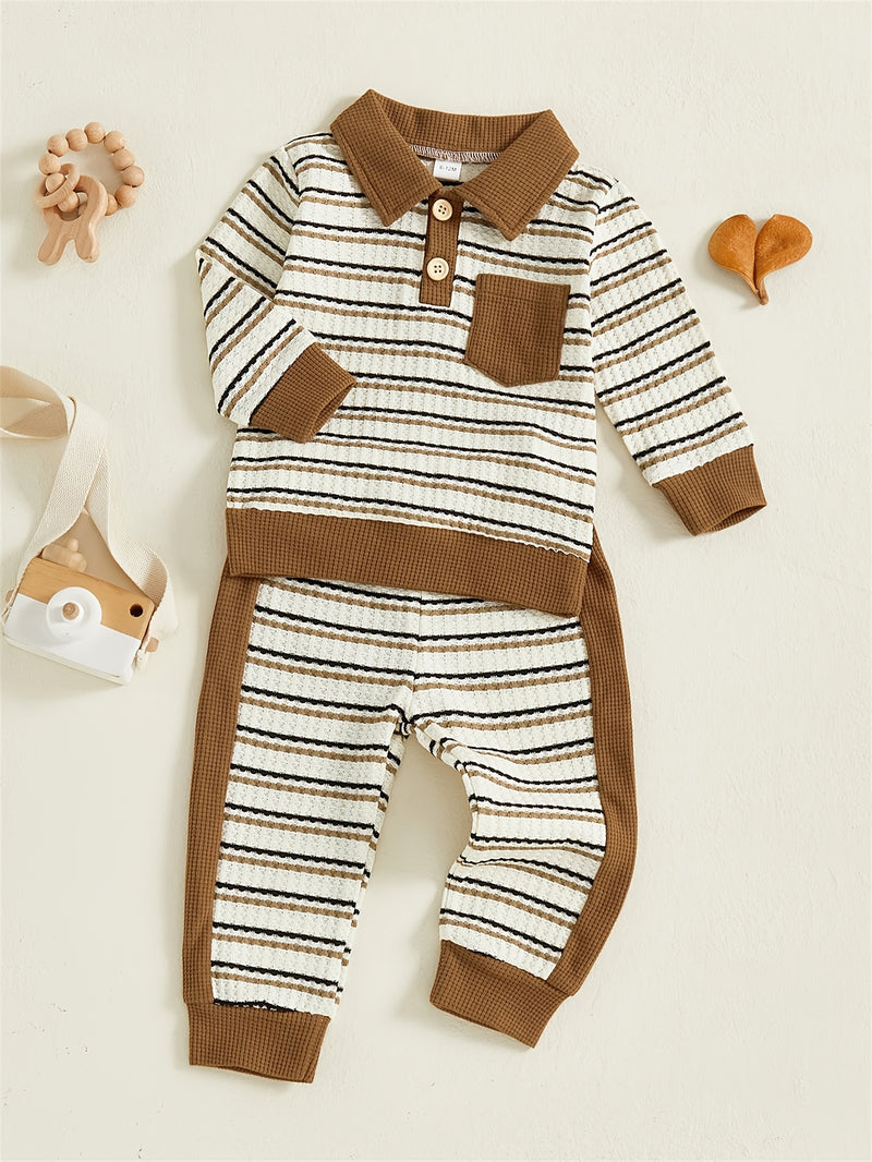 Toddler Boys Waffle Stripe Lapel Collar Sports Set.