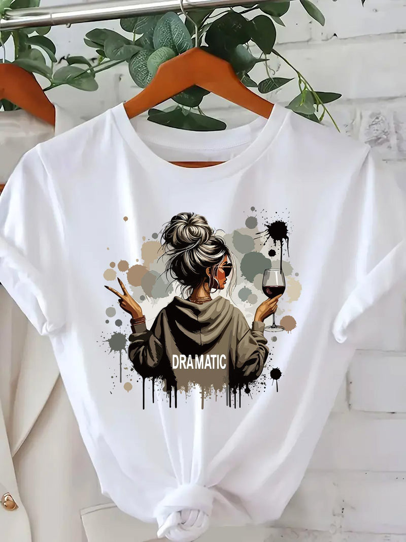 A Women's Stylish Printed Short-Sleeve T-Shirt with a Round Neck.