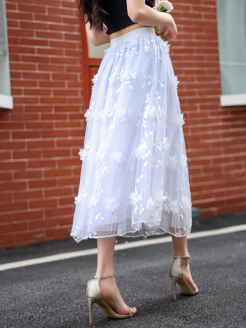 Women’s Double-layer Mesh Flared A-line Embroidered Floral Skirt.